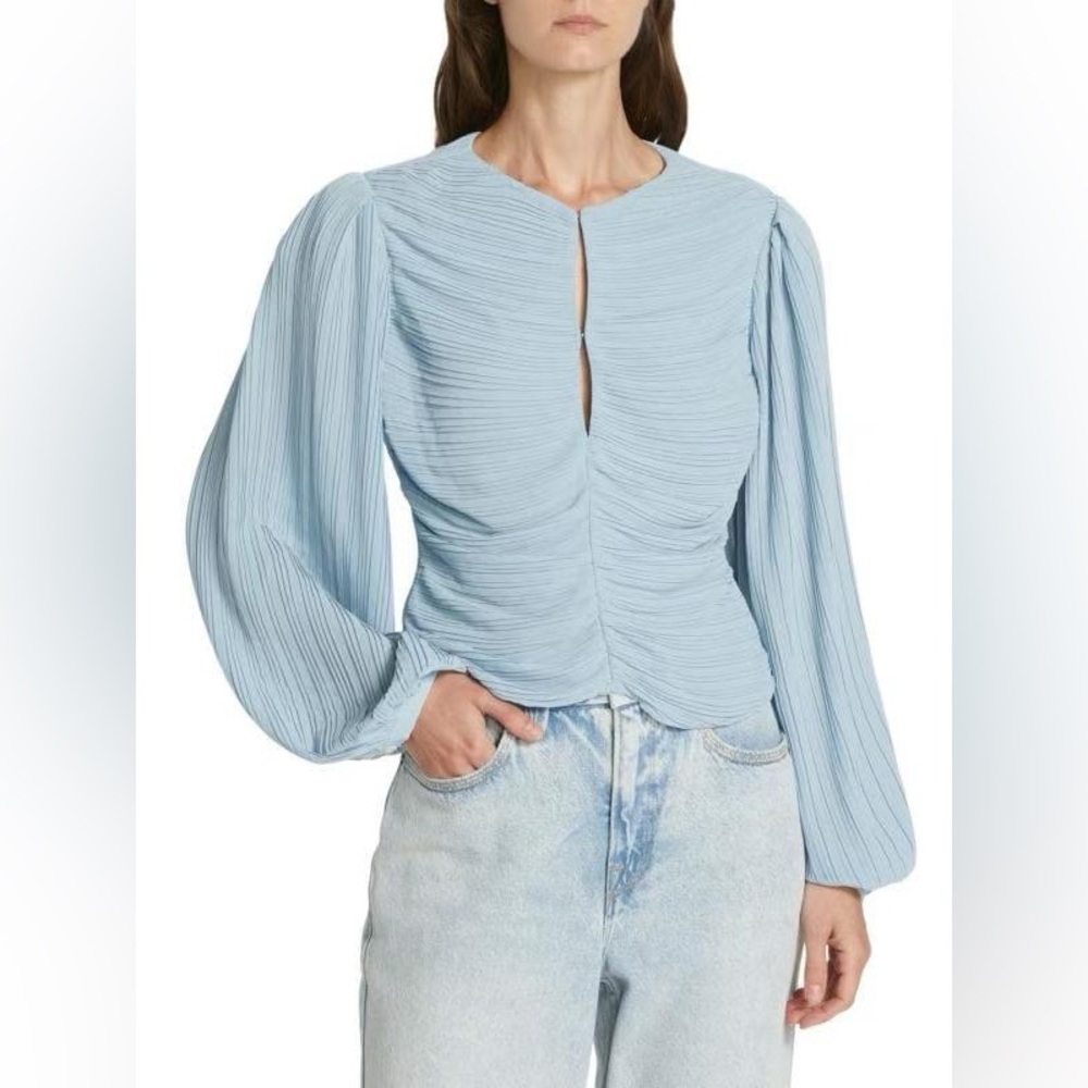 NWT $428 Frame Pleated Ruched Keyhole Blouse In Blue